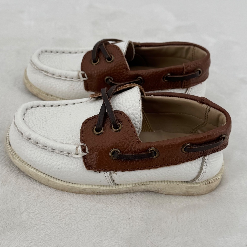 Janie‎ and Jack Boat Shoes Toddler Size 8 White & Brown Leather Nautical Loafers